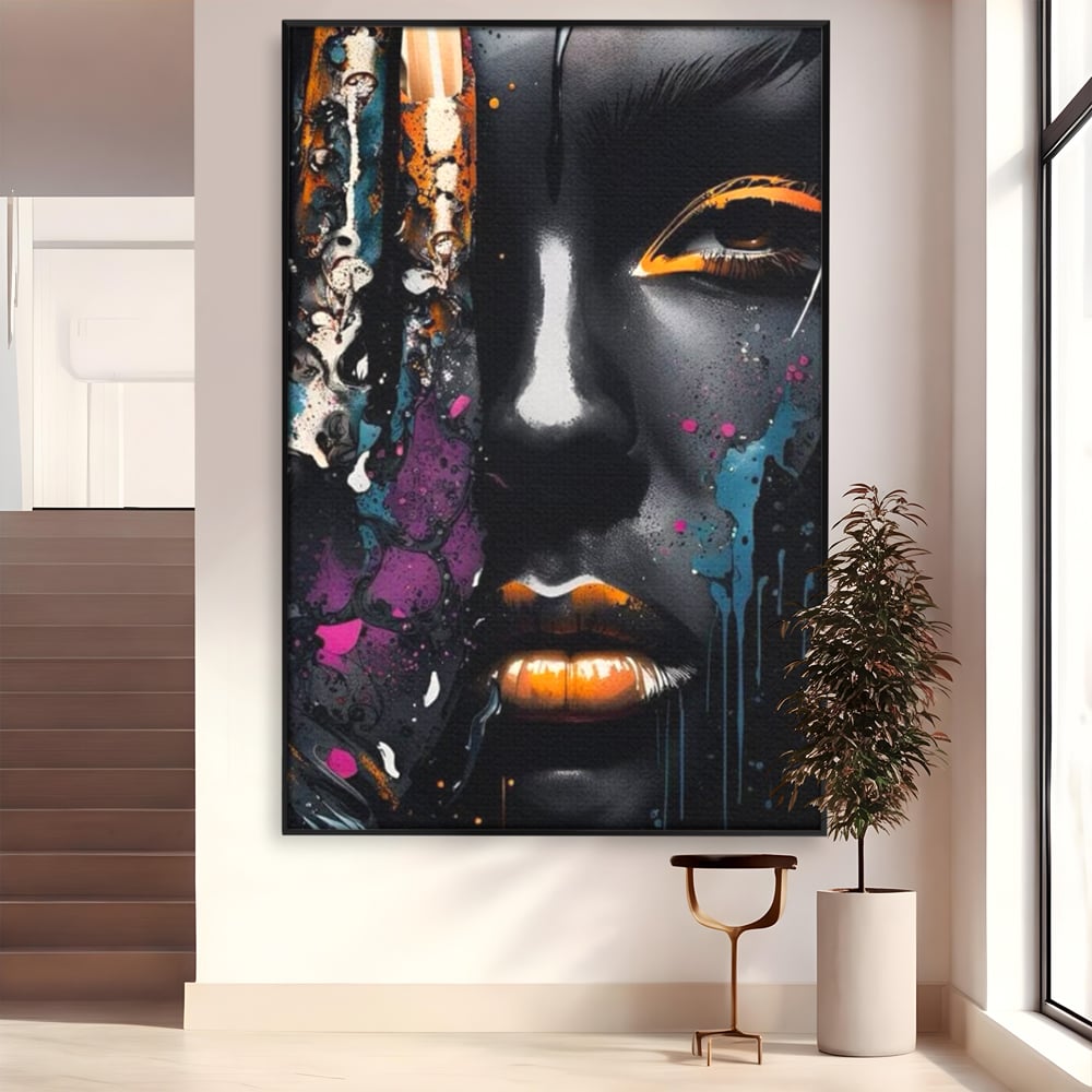 Tablou canvas cu tablou canvas cu portret street art, in rama de aluminiu negru